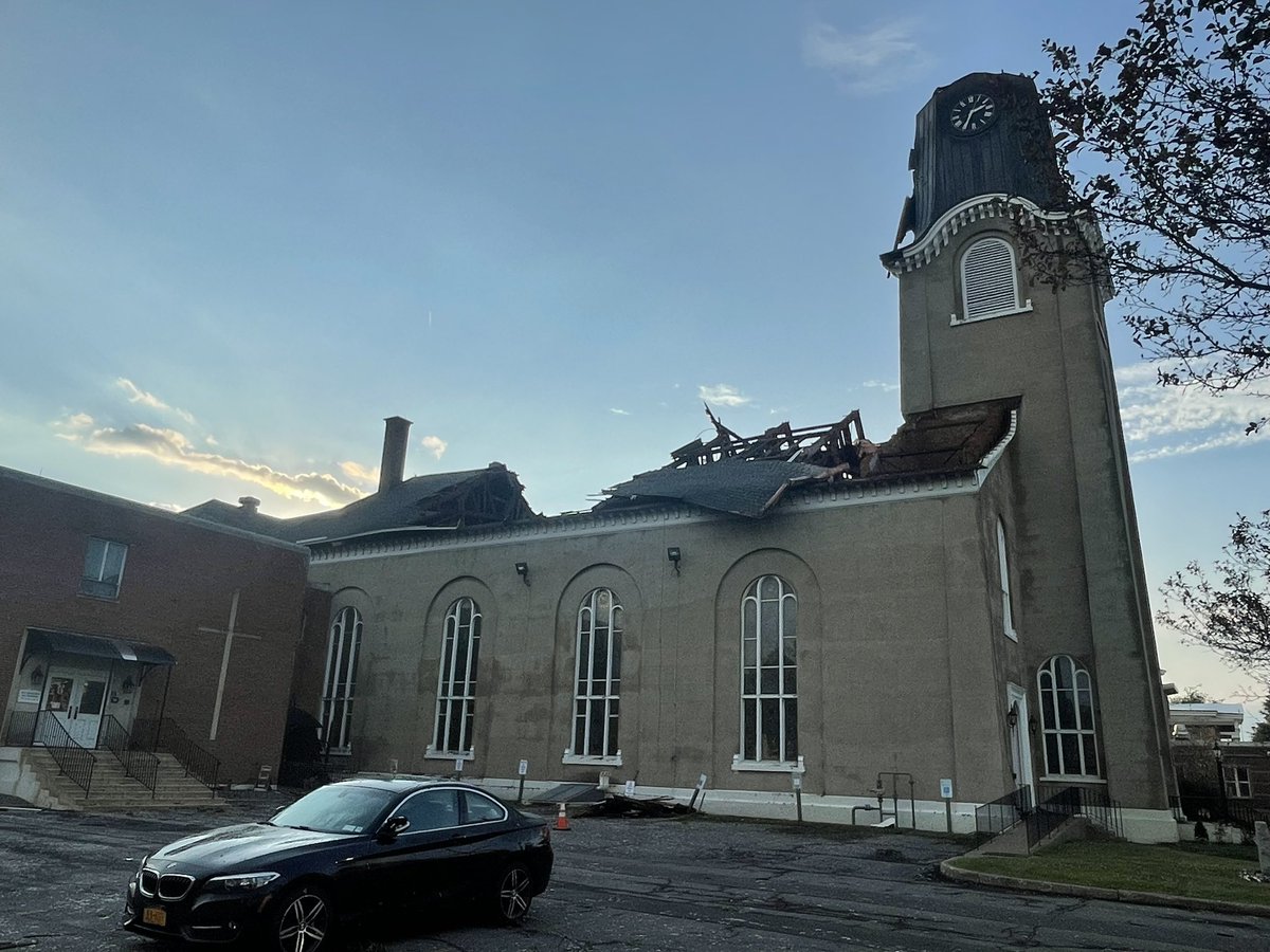The First Presbyterian Church of Rome sharing this inside view of the storm damage! The sanctuary dates back to the 1850’s. <a href="/NWSBinghamton/">NWS Binghamton</a> will be out today to survey the damage