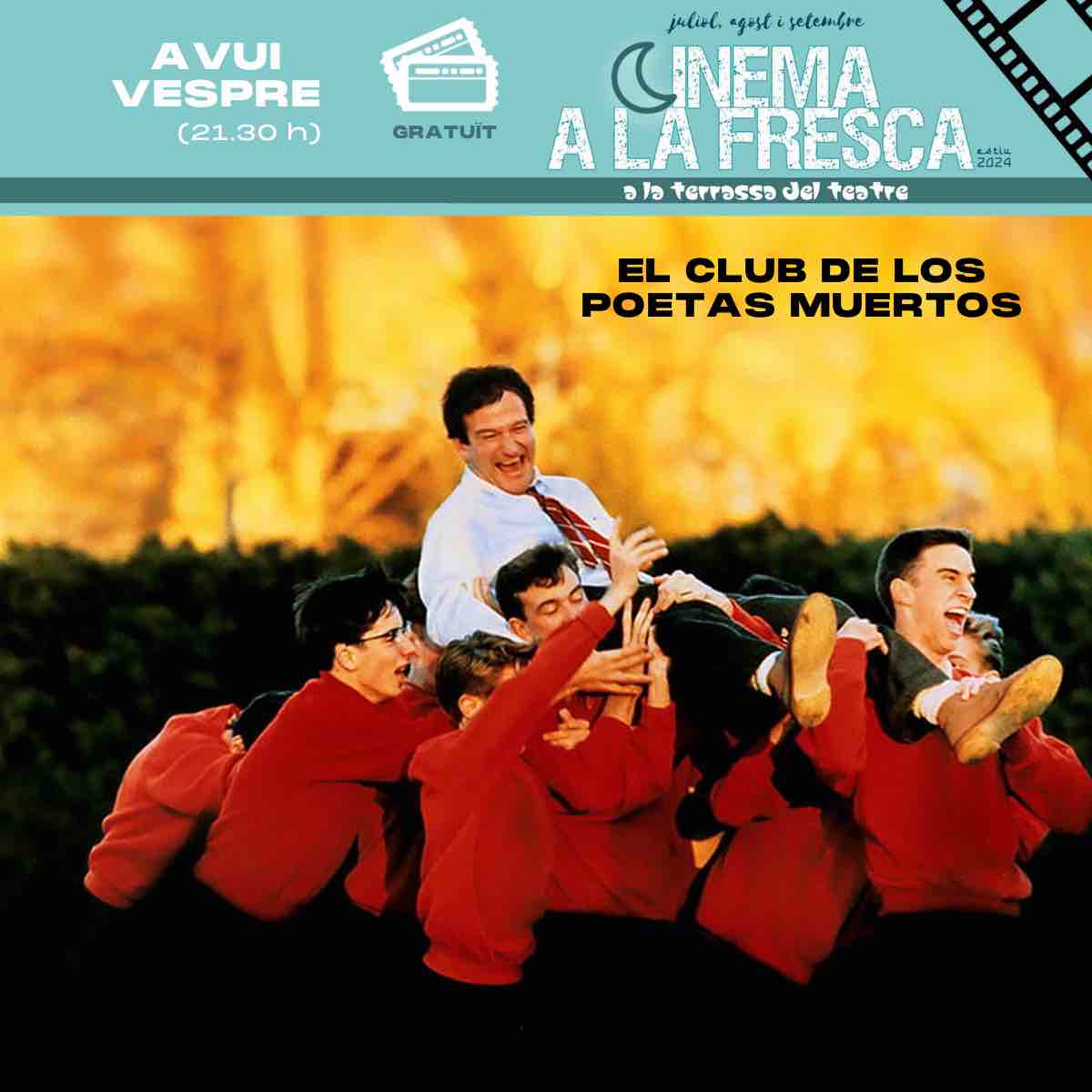 📽️🎬 Avui vespre tenim programada la primera projecció del cicle de cinema a la fresca d'enguany, amb la projecció de la pel·lícula "El club de los poetas muertos"! 🌟
🕢 Hora: 21:30 h
📍 Lloc: Terrassa del Teatre
🎟 Gratuït.
👉Vos esperam! No hi falteu ! 😍