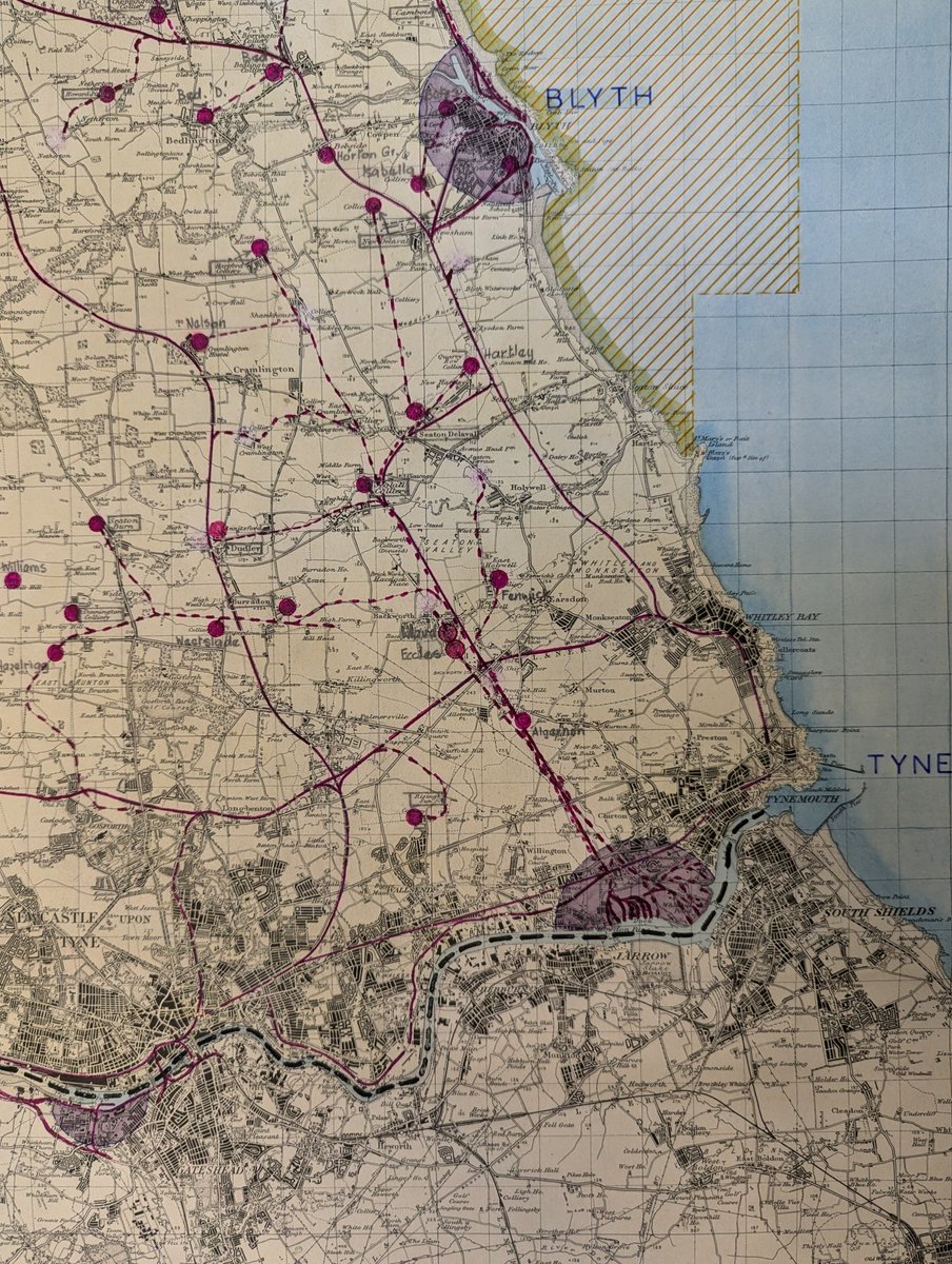 moley75's tweet photo. Ordnance Survey map annotated with #collieries and #railways in the #blyth #whitleybay #seghill #earsdon #newhartley #backworth #percymain #northshields areas from circa 1920s https://t.co/ceRVlYivk7