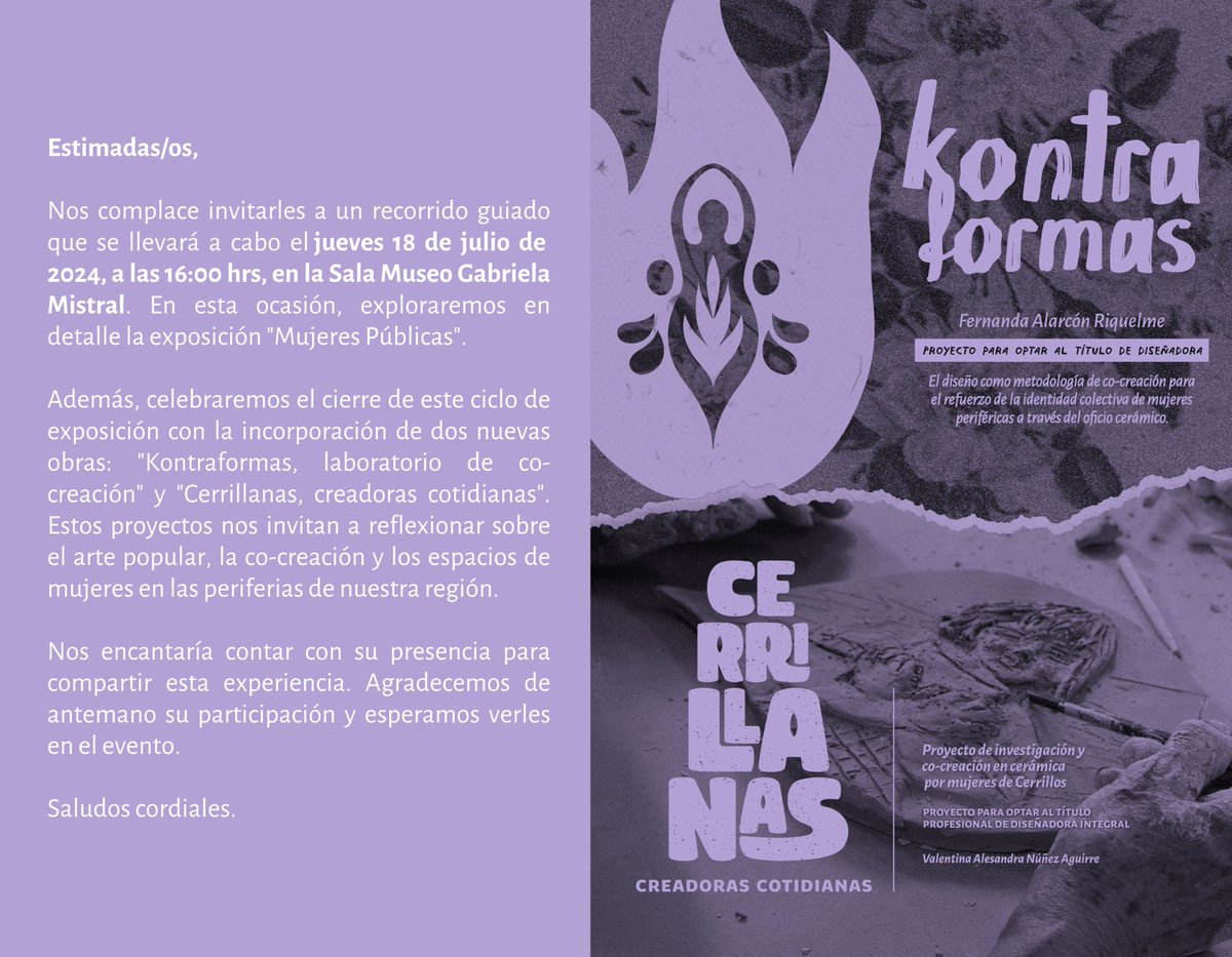 Te invitamos al recorrido de cierre de la exposición #MujeresPúblicas .

En esta ocasión destacaremos las piezas de los proyectos "Kontraformas" y "Cerrillanas, creadoras cotidianas".

🗓️ 18 de julio
⏰16:00 hrs. 
📍 Av. Libertador Bernardo O'Higgins 1058.