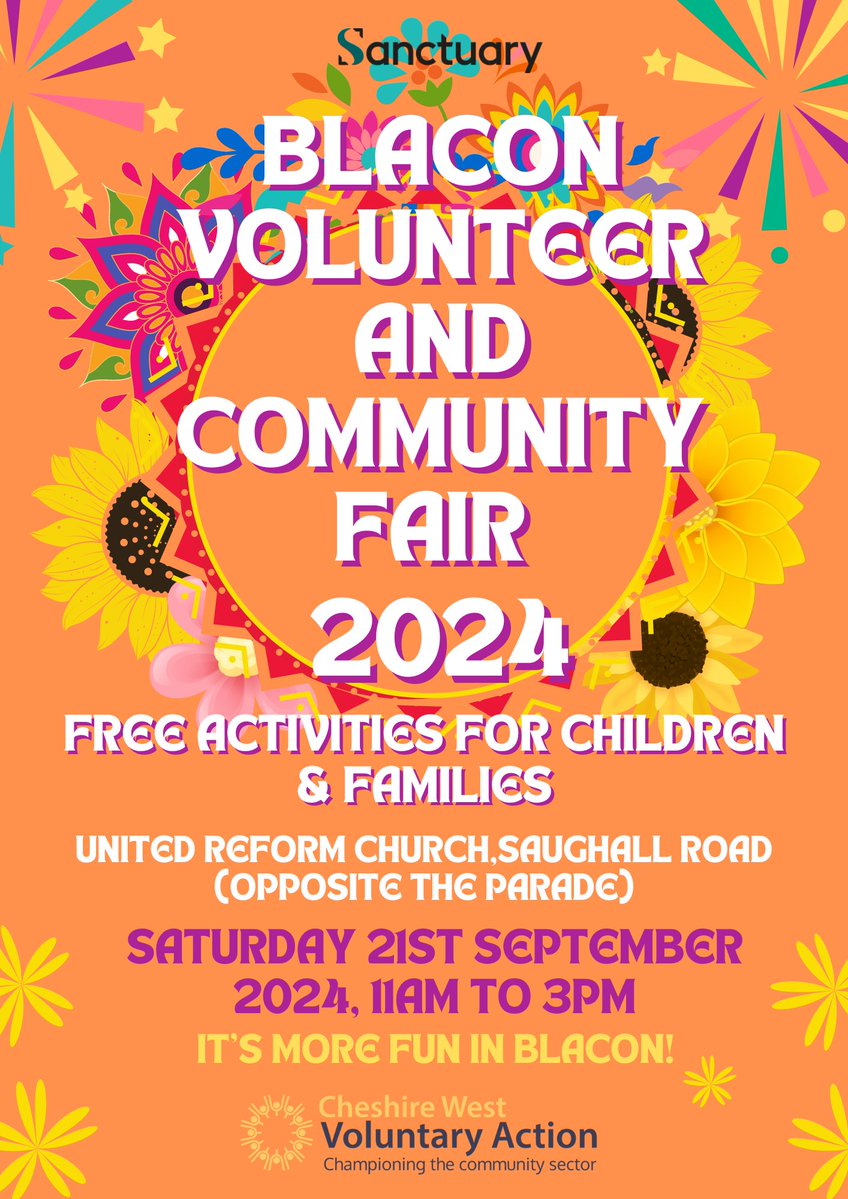 📢 Join #WeAreCWVA at the Blacon #Volunteer and Community Fair 2024! Funded by <a href="/HelloSanctuary/">Sanctuary Housing</a>, it's part of the 'We Love Volunteers' project.✨Sat 21st Sept 11am-3pm Blacon URC. Indoor &amp; outdoor spaces available. Register here ➡️shorturl.at/JpC6S🌟 #NeverMoreNeeded