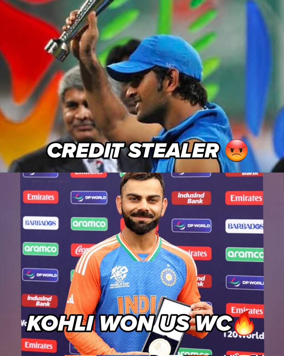 45Fan_Prathmesh's tweet photo. According to Chokli PR :

Ms Dhoni failed in entire WC 11 and performed in Finals - Credit stealer.

When Kohli did the same in WC 2024 - Kohli won us the WC.

Not a dhoni fan but the hypocrisy of Kohli PR to call Ms Dhoni a "Credit stealer" is a peak irony ! https://t.co/zgjT1968MG