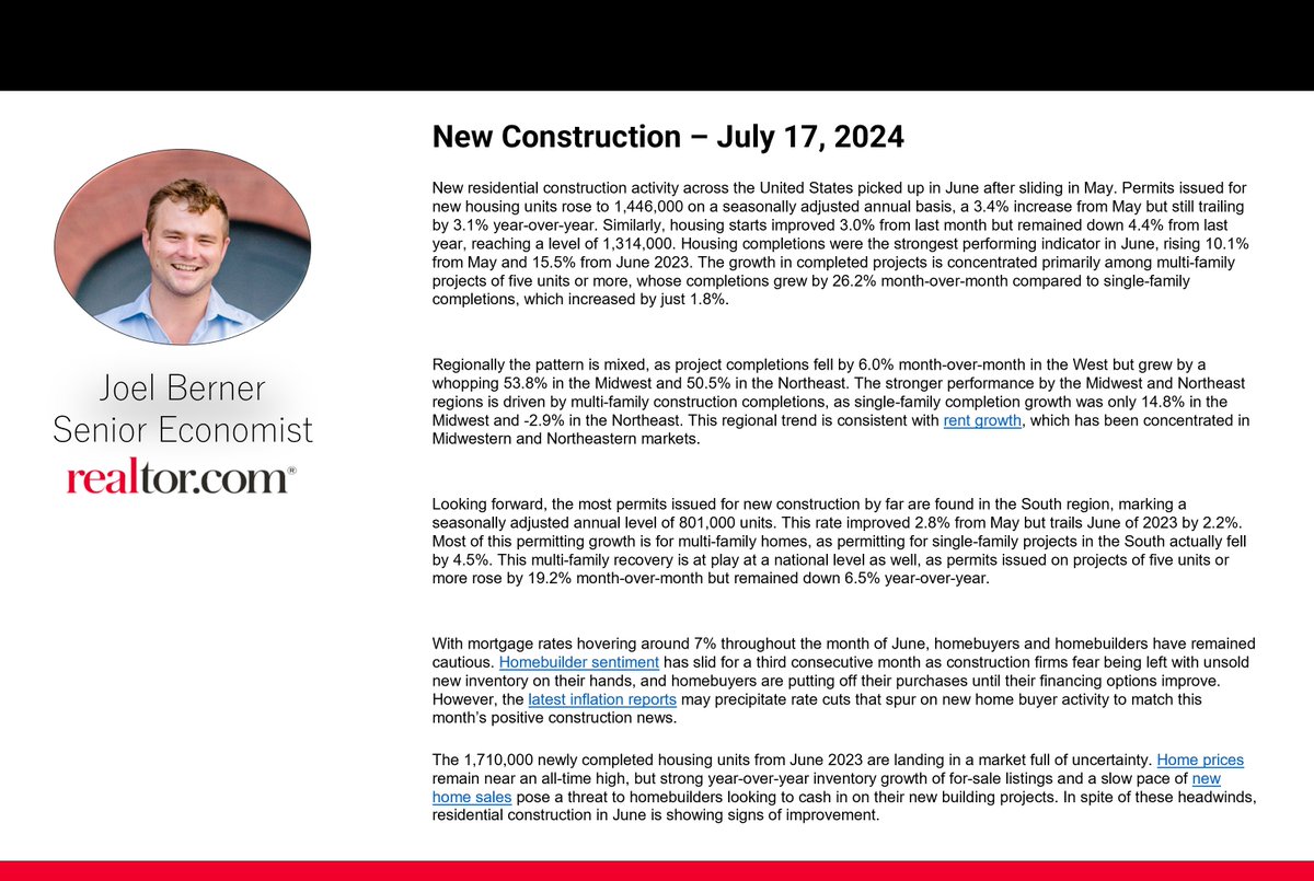 RDC_Economics's tweet photo. New construction activity picked up in June after sliding in May, driven by growth in multi-family projects. Easing inflation may precipitate rate cuts that spur on new home buyer activity to match this month’s positive construction news. Details here:  https://t.co/DIBAYQyIu9 https://t.co/oVbcrSmKE1