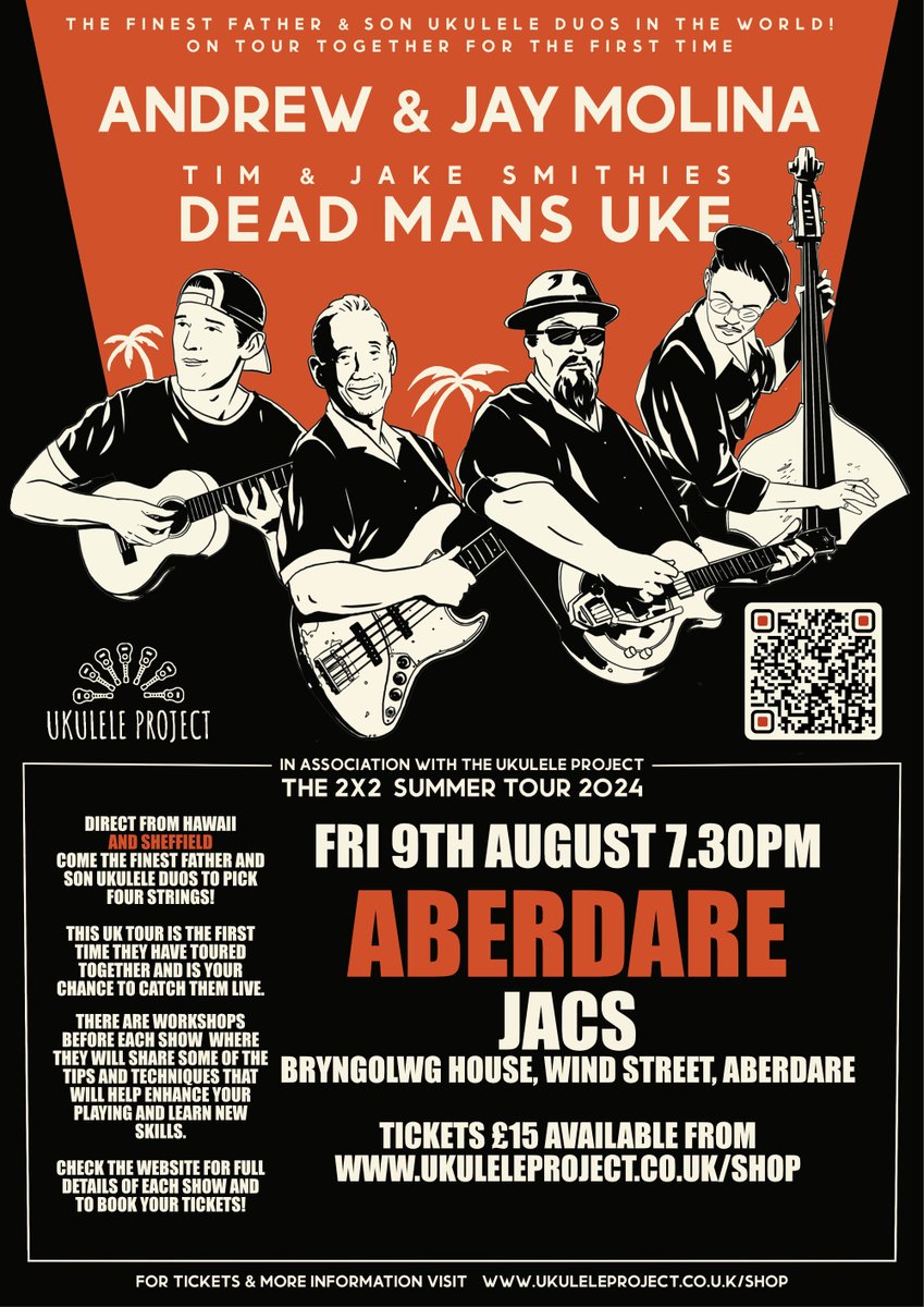 Bringing you a little bit of Hawaii to Wales. Friday August 9th, Jacs, Aberdare.
Come and see Hawaiian Artist Andrew and Jay Molina with Dead Man's Uke as they tour the UK in partnership with the Ukulele Project

Tickets available here including Aberdare - ukuleleproject.co.uk/shop/molinadea…