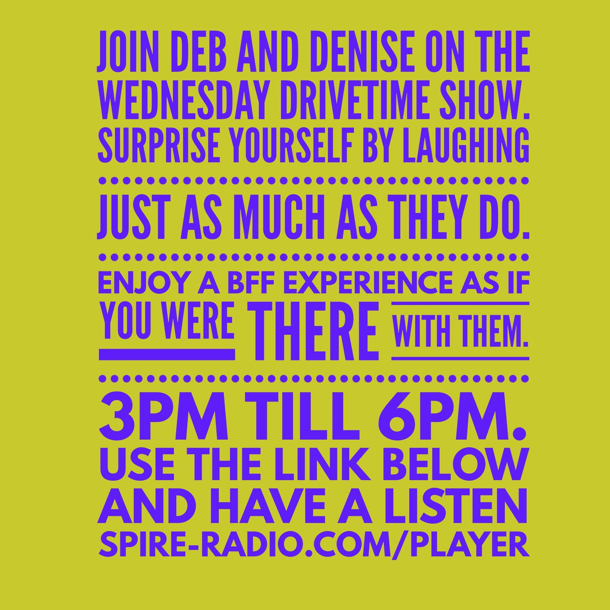 Deb and Denise , Wednesday Drivetime Show at 3pm till 6pm today.
Click the link  below from 3pm to have a listen
spire-radio.com/player
#radio#funny#somethingtosmileabout #radiopersonalities#spireradioches #radioshow#Wednesday#humpday #humpdayvibes#motivational#entertainment