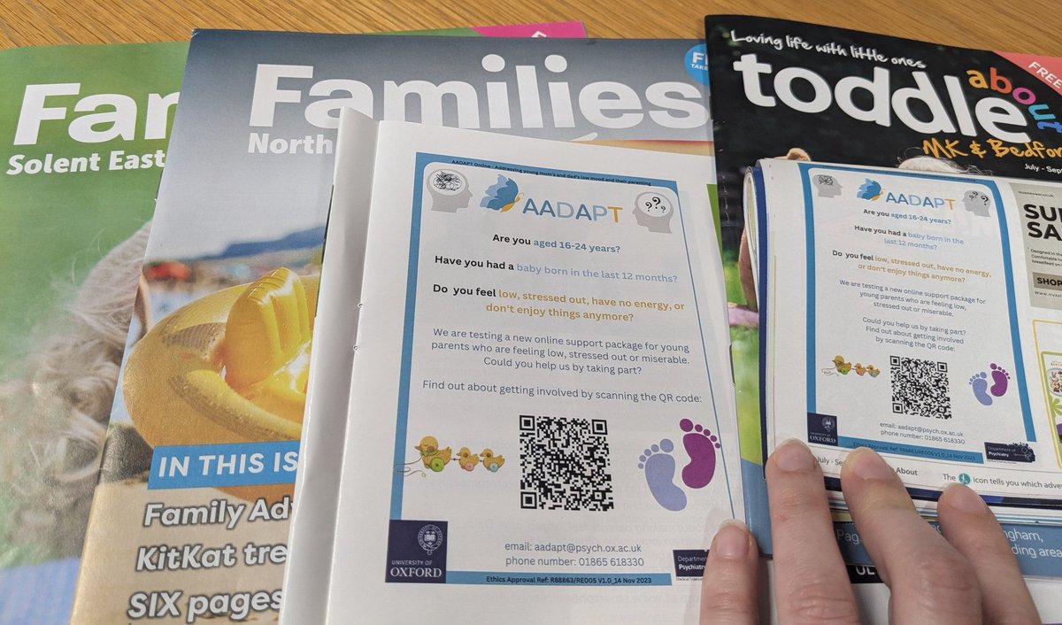 Great to see the AADAPT study advertised in a number of free magazines for parents! 

We're still looking for young #Dads and #Mums to take part who feel low in mood or stressed. 

Find out how to get involved 👇 trial-deck.com/trial/aadapt?r…