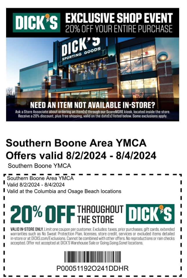 sb_ymca's tweet photo. DICK'S Sporting Goods is offering YMCA families a 20% off discount throughout the store August 2nd to August 4th!

*Columbia and Osage Beach locations. The coupon is valid in-store on the dates above. The coupon must be shown during the check out. https://t.co/9g7aul0Dvm