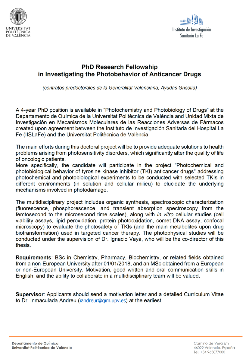 Vicente Martí Centelles👨🏻🔬⚗️🧪 (@vtemarticent) on Twitter photo Excellent PhD opportunity on photochemistry and anticancer drugs at <a href="/UPV/">Universitat Politècnica de València</a> and <a href="/IISLaFe/">IIS La Fe</a> with Prof Inmaculada Andreu <a href="/iandreur/">Inma Andreu</a>
Full info 👇👇👇 Excellent PhD opportunity on photochemistry and anticancer drugs at <a href="/UPV/">Universitat Politècnica de València</a> and <a href="/IISLaFe/">IIS La Fe</a> with Prof Inmaculada Andreu <a href="/iandreur/">Inma Andreu</a>
Full info 👇👇👇