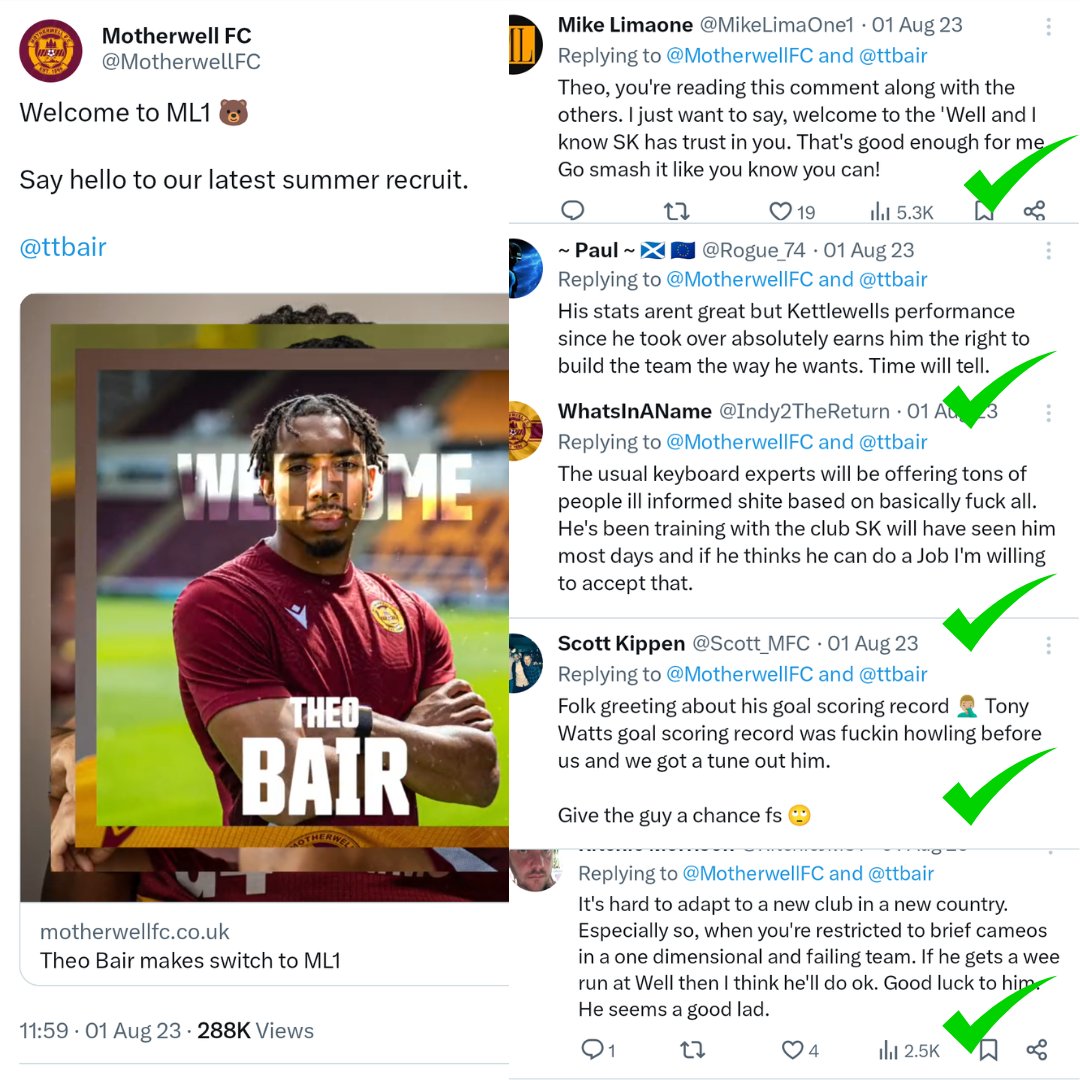 scotlandscoeff1's tweet photo. 🔚 Theo Bair has contract terminated by St Johnstone last July

🆓 Motherwell sign him on a free, 2 days before league season starts

❌ Most fans in the comments and quotes slating the player & the signing (some exceptions attached)

--

💰 19 goals & assists later and the Steelmen receive their third highest fee, ever, and Bair gets a move to a top five league!

--

👏 Well done to Motherwell for identifying something in Theo that a lot of fans hadn't seen 

💷 It's good to see another £1m+ transfer fee received into Scottish football - only the 6th in Motherwell's history

🍀 Their 1994 record transfer fee received, from Celtic, stood for 26 years until Celtic broke it again when signing David Turnbull