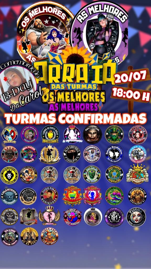 BORA RAPAZIADA, DIA 20/07 SÁBADO TEM NOSSO ARRAIÁ, TODAS AS TURMAS SÃO BEM VINDA , TRAGAM SUAS BANDEIRAS , 

🔊 MUITA MÚSICA 🔊

🍻 VENDAS DE BEBIDAS NO LOCAL 🍻

🎪 PULA PULA PRAS CRIANÇAS 🎪 

🍽️ VARIAS COMIDAS TÍPICAS 🍽️
