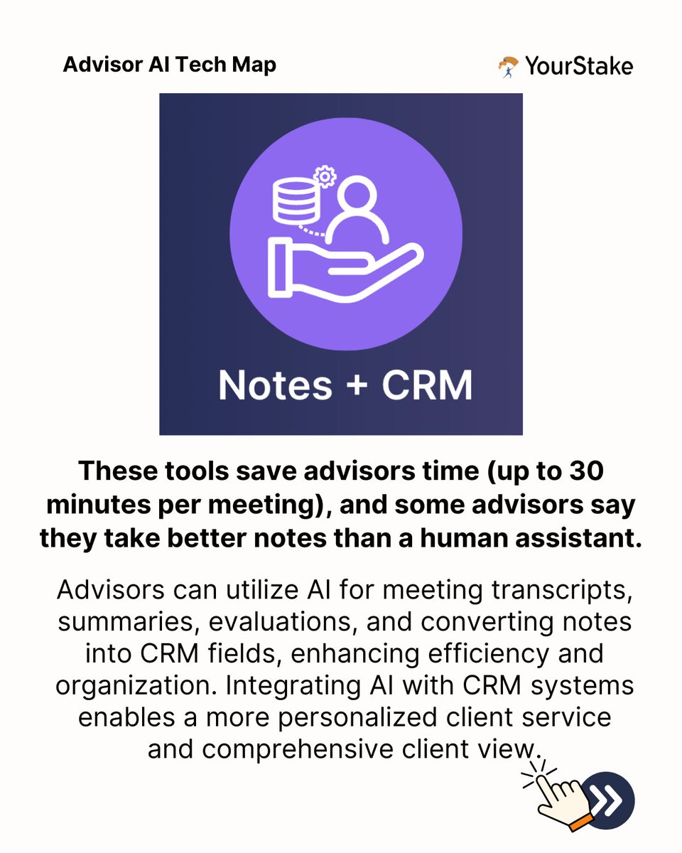 Your_Stake's tweet photo. AI solutions for note-taking and CRM integration are often the first choice for many advisors.

These tools can seamlessly join client meetings to create detailed transcripts, summaries, next steps, and even draft follow-up emails.

Learn more: https://t.co/MfFUIzovfV https://t.co/YZgZaAP9mr