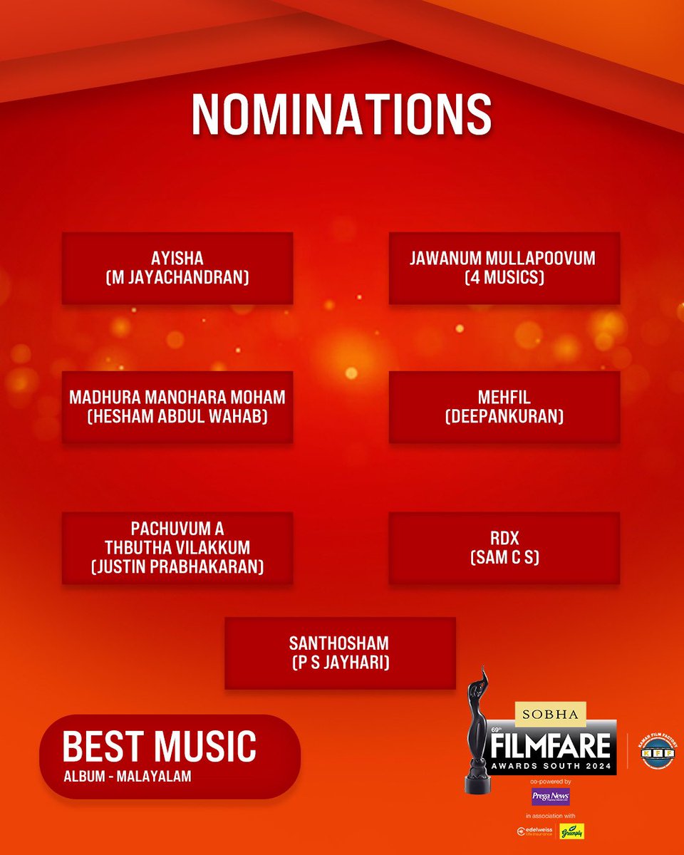 filmfare's tweet photo. Here are the nominations for Best Music Album category at the 69th SOBHA Filmfare Awards South 2024 With Kamar Film Factory.

#69thSobhaFilmfareAwardsSouth2024 https://t.co/IL1CcrgOQ8