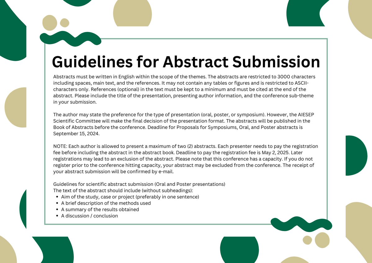 Curious what the guidelines are for abstract submission? Check out the infographic below and consider submitting!

Deadline: September 15, 2024
Call for Abstracts: aiesepstpete2025.com/abstract-submi…