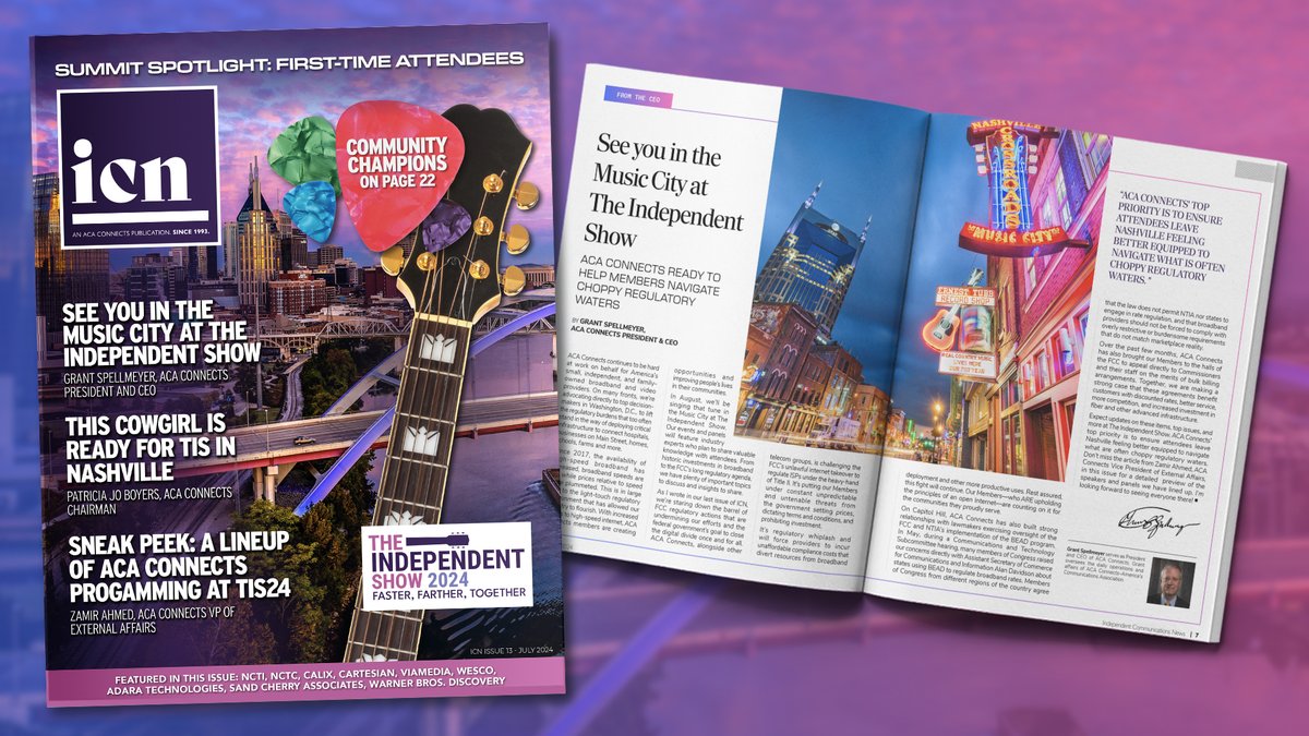 ACAConnects's tweet photo. Issue 13 of #ICN is hot off the (digital) press! ACA Connects Members were emailed the publication this morning but it’s also available online at https://t.co/FpLqXUdNyI. Check out all the informative and timely articles from staff, counsel, and #AMP24 vendors! https://t.co/biDr4MgsAI