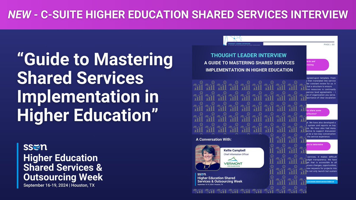 SSON (@ssonetwork) on Twitter photo We’re thrilled to share a new and insightful interview with Kellie Campbell, Chief Information Officer at <a href="/VSC_edu/">Vermont State Colleges</a>! 🎙️ We deep-dived into "A Guide to Mastering #SharedServices Implementation in #HigherEducation," tapping into her wealth of experience.
Key takeaways include:
🔹 We’re thrilled to share a new and insightful interview with Kellie Campbell, Chief Information Officer at <a href="/VSC_edu/">Vermont State Colleges</a>! 🎙️ We deep-dived into "A Guide to Mastering #SharedServices Implementation in #HigherEducation," tapping into her wealth of experience.
Key takeaways include:
🔹