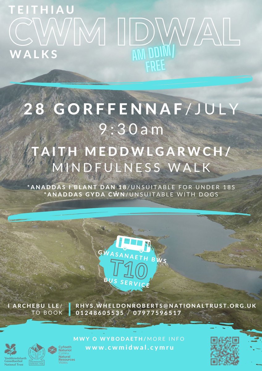 Ymunwch ar daith meddwlgarwch yng Nhwm Idwal.
Join us for a mindfulness walk around Cwm Idwal.
📌Lle/ Where - Cwm Idwal
 🗓️Pryd/When - 09:30 - 28/07/24
📧I archebu lle/ to book - rhys.wheldonroberts@nationaltrust.org.uk (01248 605535 / 07977 596517)