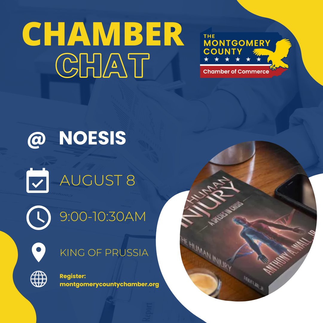 Join us for our next Chamber Chat, sponsored and hosted by Tony Wall and @noesisproject in King of Prussia. Register now: members.montgomerycountychamber.org/ap/Events/Regi…

#networking #noesis #chamberevent #chamberofcommerce