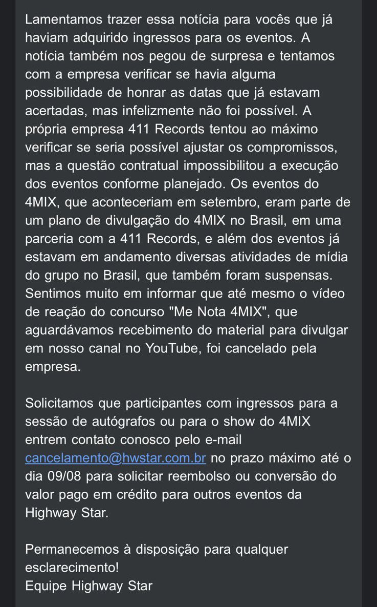 4MIXBRA's tweet photo. [🚨] NÃO É POSSÍVEL! Acaba de ser anunciado pela Highway Star que o show e fansign do 4MIX que aconteceriam no mês de setembro em São Paulo foram CANCELADOS.

Confira a nota completa:

“Olá participante dos eventos do 4MIX no Brasil, (+)

#4MIX @4mixofficialth @411records_ https://t.co/L3Q9M8U8HB