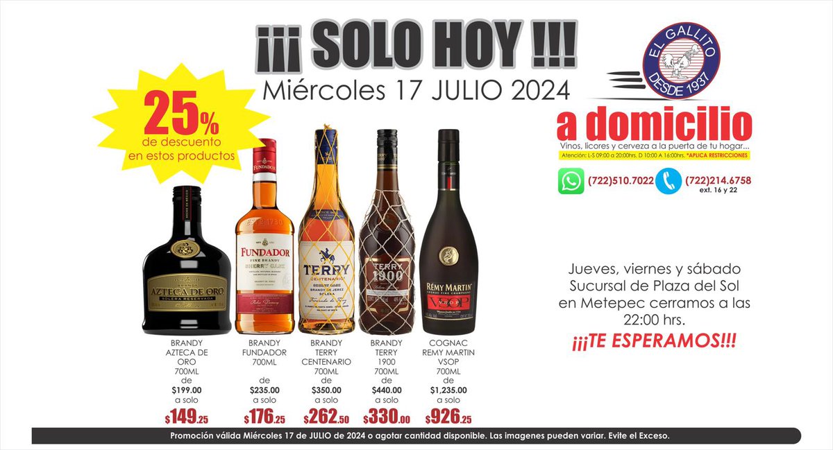 vinoselgallito's tweet photo. SOLO HOY…

#aztecadeoro #fundador #terrycentenario #terry1900 #remymartinvsop #brandy #cognac #solohoy #miercoles #servicioadomicilio #amigallitos https://t.co/1ZzLFILvVH