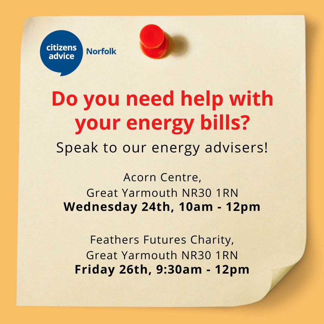 🌟 Need help with your #energybills? Speak to Our Energy Advisers! 🌟

✅ Help with energy efficiency measures
✅ Get on the best tariff
✅ Cut down on energy expenses
✅ Get on the Priority Services Register

Find us in #greatyarmouth on the following dates + times: