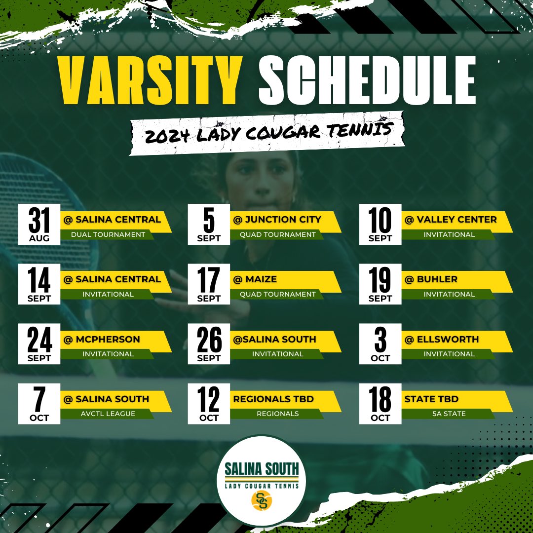 SSCougarTennis's tweet photo. 𝙏𝙝𝙚 2024 𝙨𝙘𝙝𝙚𝙙𝙪𝙡𝙚 𝙞𝙨 𝙇𝙊𝘾𝙆𝙀𝘿 𝙄𝙉. 🔒
Check out the Salina South Lady Cougar Varsity AND JV Tennis schedules for this upcoming fall tennis season! We can’t wait to get this one rollin’. Let’s go, girls! 🎾💪
#SmashYourLimits | #COUGS https://t.co/uHaguQfsaq