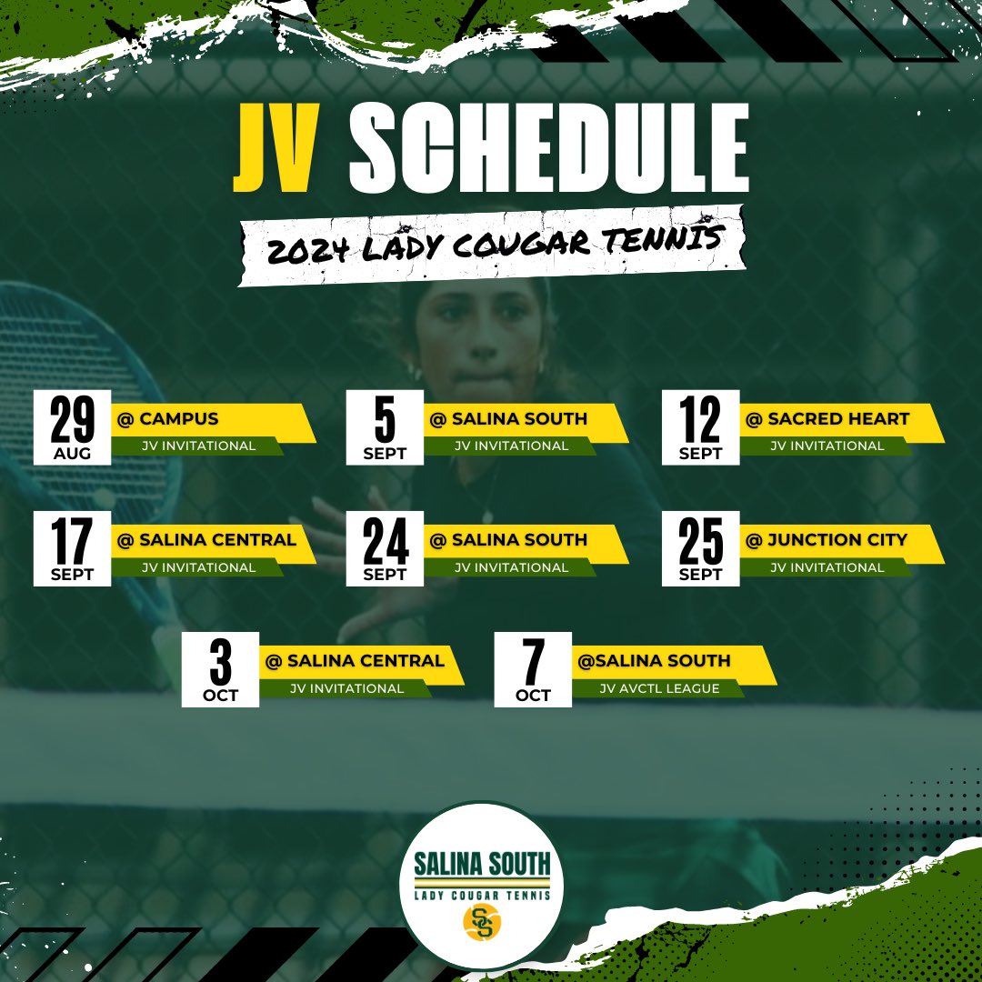 SSCougarTennis's tweet photo. 𝙏𝙝𝙚 2024 𝙨𝙘𝙝𝙚𝙙𝙪𝙡𝙚 𝙞𝙨 𝙇𝙊𝘾𝙆𝙀𝘿 𝙄𝙉. 🔒
Check out the Salina South Lady Cougar Varsity AND JV Tennis schedules for this upcoming fall tennis season! We can’t wait to get this one rollin’. Let’s go, girls! 🎾💪
#SmashYourLimits | #COUGS https://t.co/uHaguQfsaq