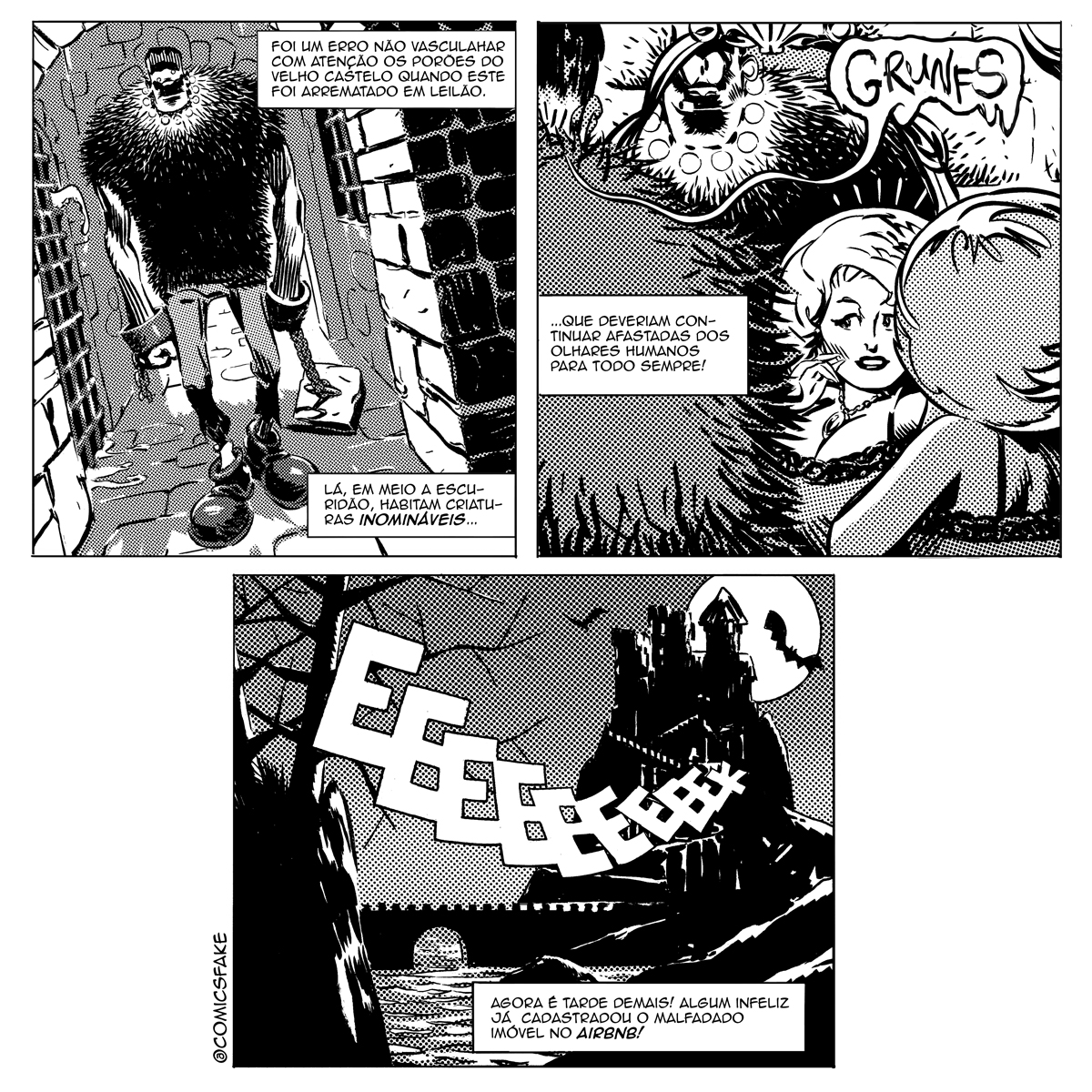 Versão em português da tira anterior.
O desenho eu fiz com pincel e pena (poucos detalhes) e acho que cheguei no tamanho ideal para a redução da arte, o que dá aquele visual de quadrinho tradicional.
#frankenstein #maryshelley #terror #tiras #comicstrip #spoof