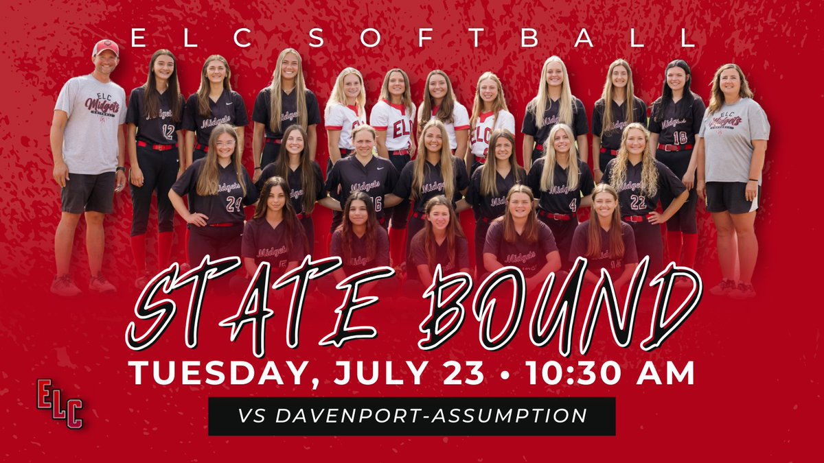 ELC (@proud2belc) on Twitter photo ๐ Congratulations to <a href="/ELCSBALL/">ELC Softball</a> for advancing to the 2024 <a href="/IGHSAU/">IGHSAU</a> State Softball Tournament!
๐
Tuesday, July 23
๐ฅ 10:30 am
๐ Davenport-Assumption
๐ Iowa Central Field - Fort Dodge
Good luck Midgets!
โก๏ธ For tickets & state tournament info, visit ighsau.org/news/2024-softโฆ. ๐ Congratulations to <a href="/ELCSBALL/">ELC Softball</a> for advancing to the 2024 <a href="/IGHSAU/">IGHSAU</a> State Softball Tournament!
๐
Tuesday, July 23
๐ฅ 10:30 am
๐ Davenport-Assumption
๐ Iowa Central Field - Fort Dodge
Good luck Midgets!
โก๏ธ For tickets & state tournament info, visit ighsau.org/news/2024-softโฆ.