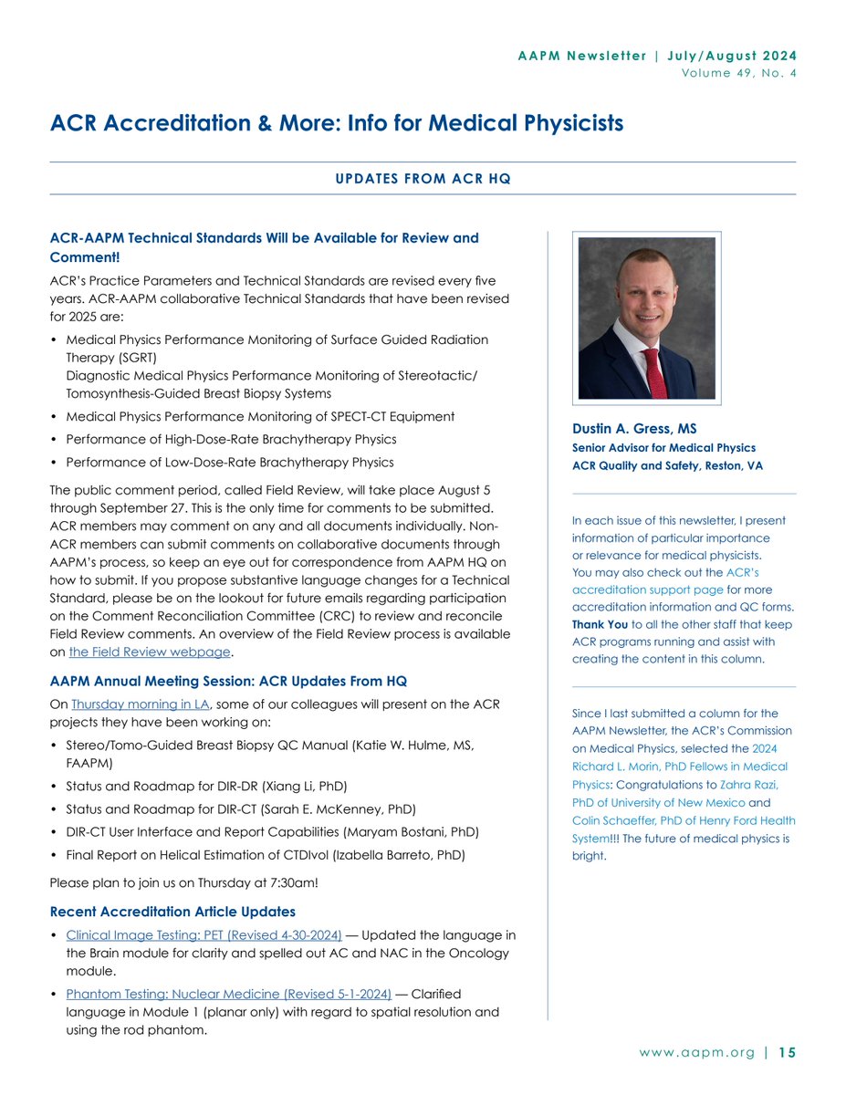 American Association of Physicists in Medicine (@aapmhq) on Twitter photo Updates from ACR HQ - ACR Accreditation & More: Info for Medical Physicists: pp. 15-16. Author: <a href="/DustinGress/">Dustin A. Gress</a>. ACR-AAPM Technical Standards Will be Available for Review and Comment!; AAPM Annual Meeting Session: ACR Updates From HQ; ... aapm.me/3Wo0pzE Updates from ACR HQ - ACR Accreditation & More: Info for Medical Physicists: pp. 15-16. Author: <a href="/DustinGress/">Dustin A. Gress</a>. ACR-AAPM Technical Standards Will be Available for Review and Comment!; AAPM Annual Meeting Session: ACR Updates From HQ; ... aapm.me/3Wo0pzE