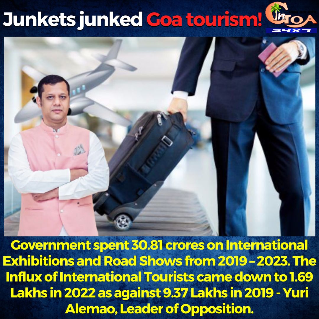 InGoa24x7's tweet photo. Government spent 30.81 crores on International Exhibitions and Road Shows from 2019 – 2023. The Influx of International Tourists came down to 1.69 Lakhs in 2022 as against 9.37 Lakhs in 2019 - Yuri Alemao, Leader of Opposition.
#Goa #GoaNews #Junkets #Foreign @Yurialemao9 https://t.co/2TCFjkrKJu
