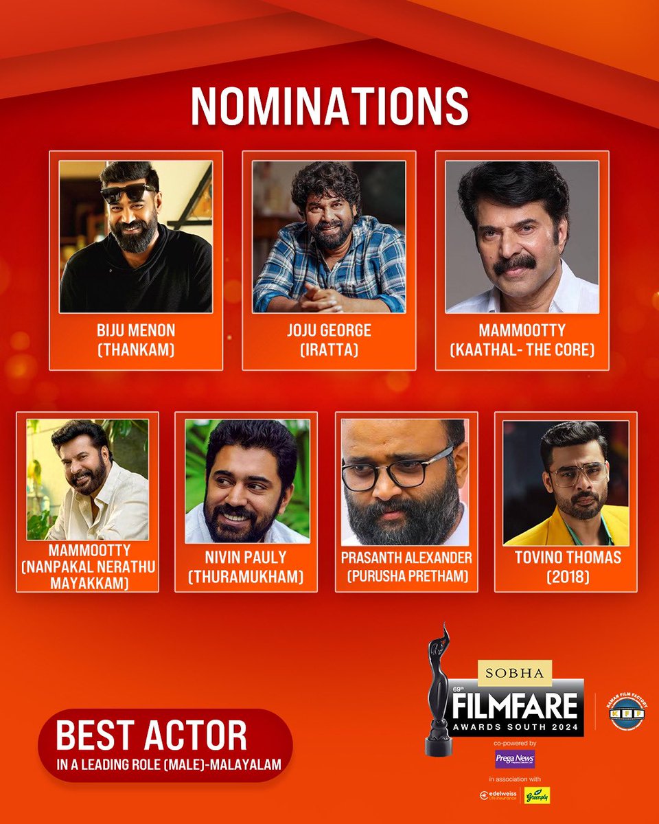filmfare's tweet photo. Here are the nominations for Best Actor In A Leading Role (Male) category at the 69th SOBHA Filmfare Awards South 2024 With Kamar Film Factory.

#69thSobhaFilmfareAwardsSouth2024 https://t.co/rAHhulyNd3