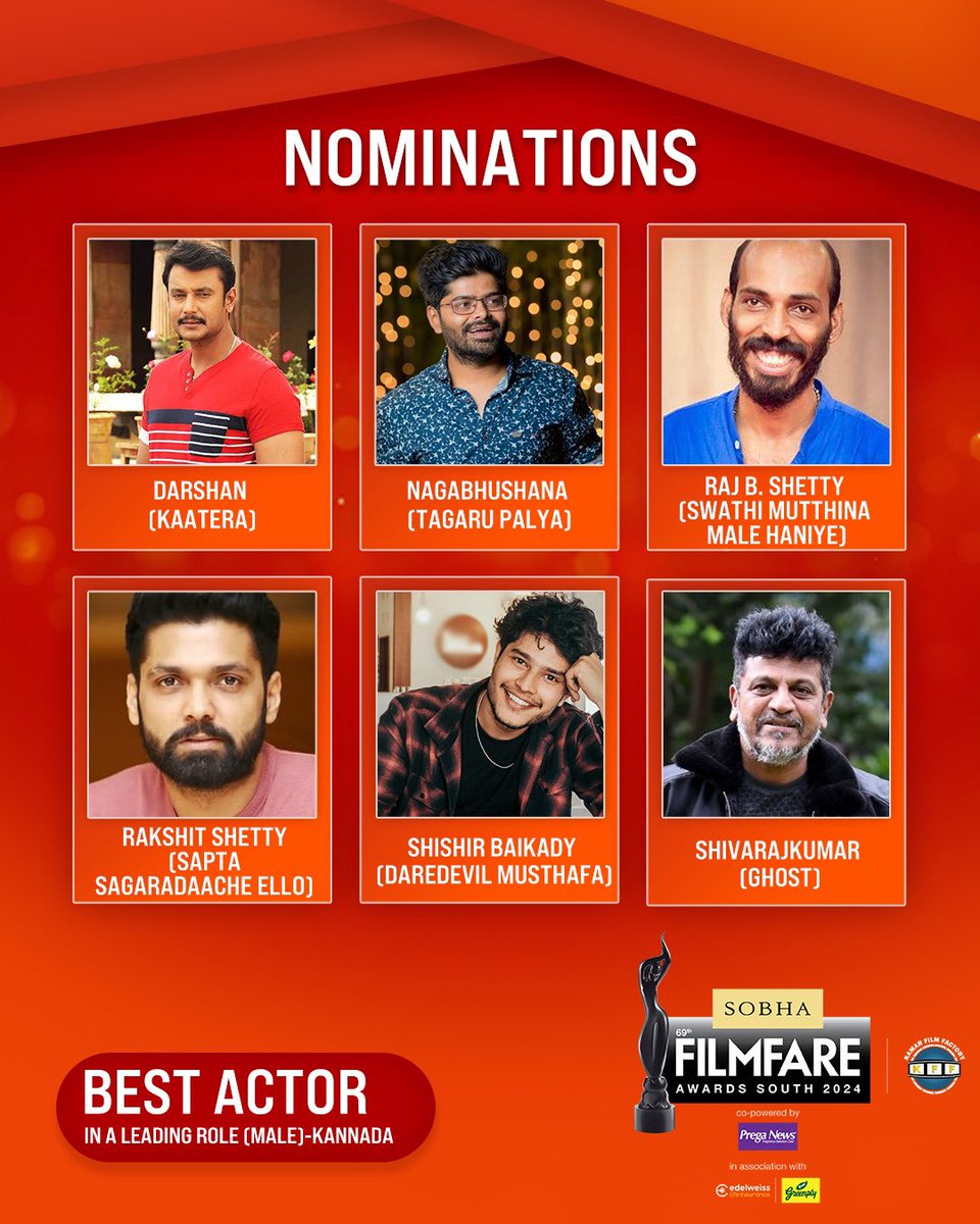 filmfare's tweet photo. Here are the nominations for Best Actor In A Leading Role (Male) category at the 69th SOBHA Filmfare Awards South 2024 With Kamar Film Factory.

#69thSobhaFilmfareAwardsSouth2024 https://t.co/rAHhulyNd3