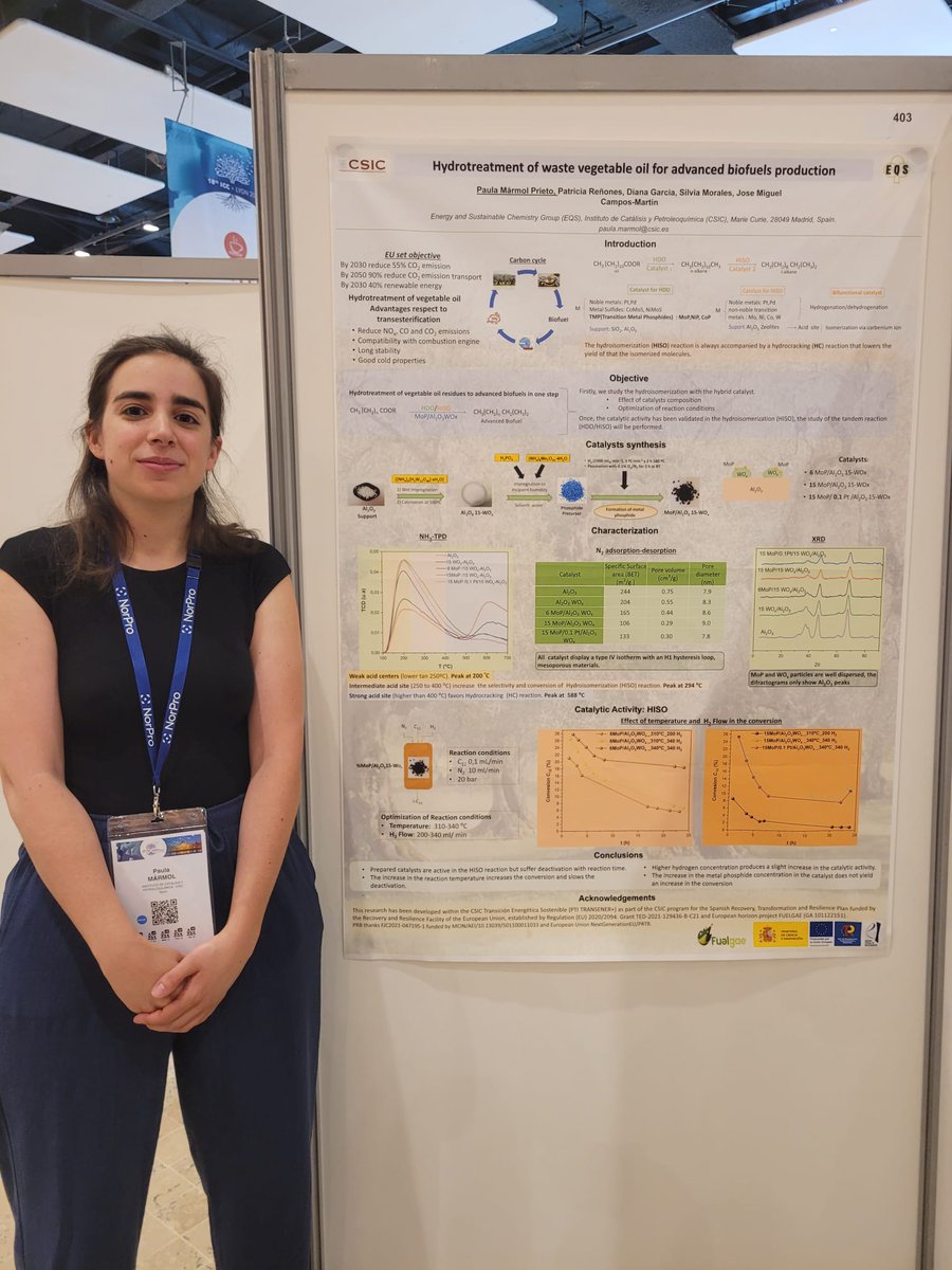 FUELGAE_EU's tweet photo. Paula Mármol, a PhD student at @CSIC, presented her poster "Hydrotreatment of Waste Vegetable Oil for Advanced Biofuels Production" at #ICC2024 in Lyon. A significant step for the @FUELGAE_EU and clean energy! Congrats to Paula and CSIC! 🌱🔬 #Biofuels #Sustainability https://t.co/L2zwya3lSO