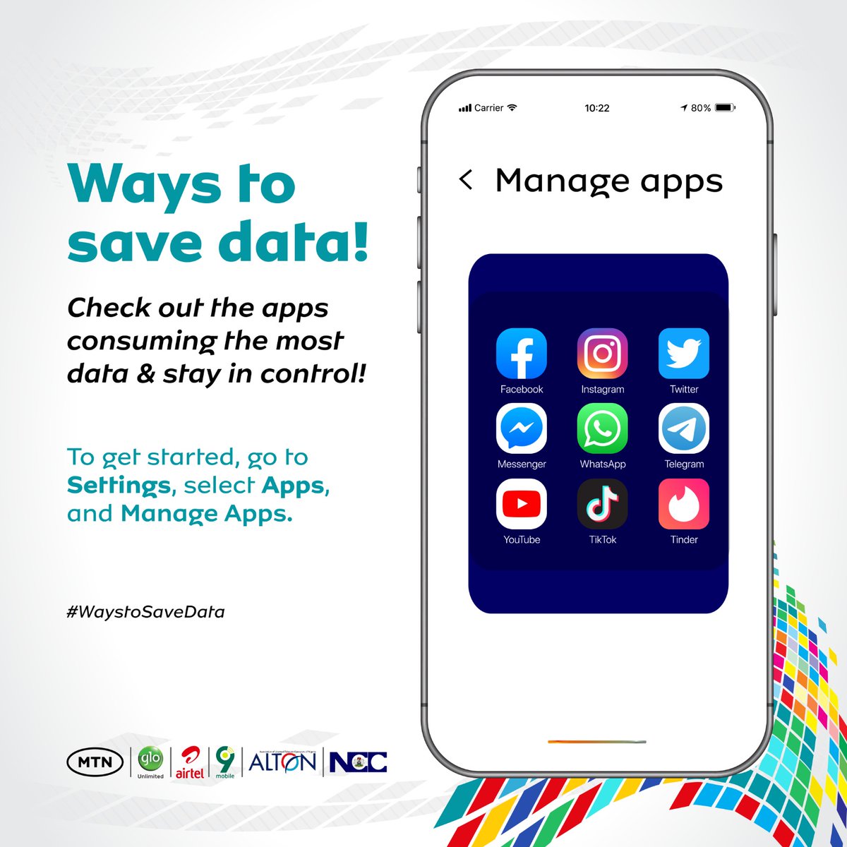 T2mobile_ng's tweet photo. Find out which apps consume your data the most. 
Simply go to settings, choose apps, and manage your data smartly.  
Click here 👉 https://t.co/GXLALglLfE to learn more.
#WaystoSaveData
#9mobileNG https://t.co/JHjwdgH5W5