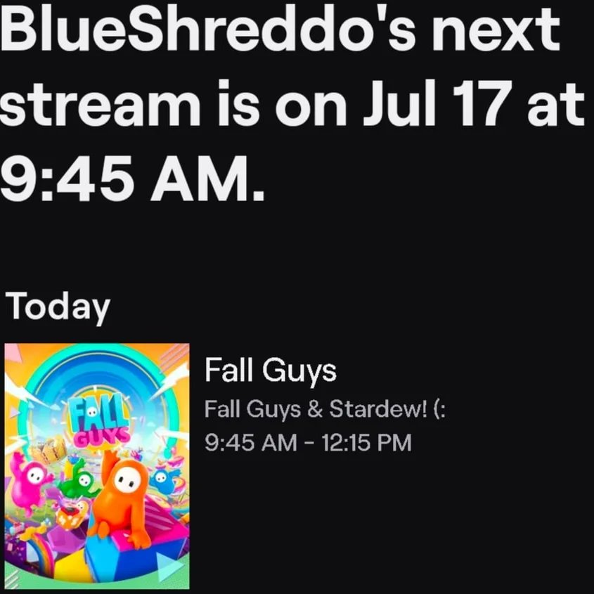 blueshreddo's tweet photo. I apologize that I haven't posted in over a month 😔🙃 work has been making me time ASF (but I start a new job that is part time in the next few weeks)
Streaming soon at 9:45am CST! :) 
 #fallguys #stardewvalley #smallstreamer #twitchaffiliate
#blueshreddo
https://t.co/nWtOCz5ISf https://t.co/GcGjU2cugL