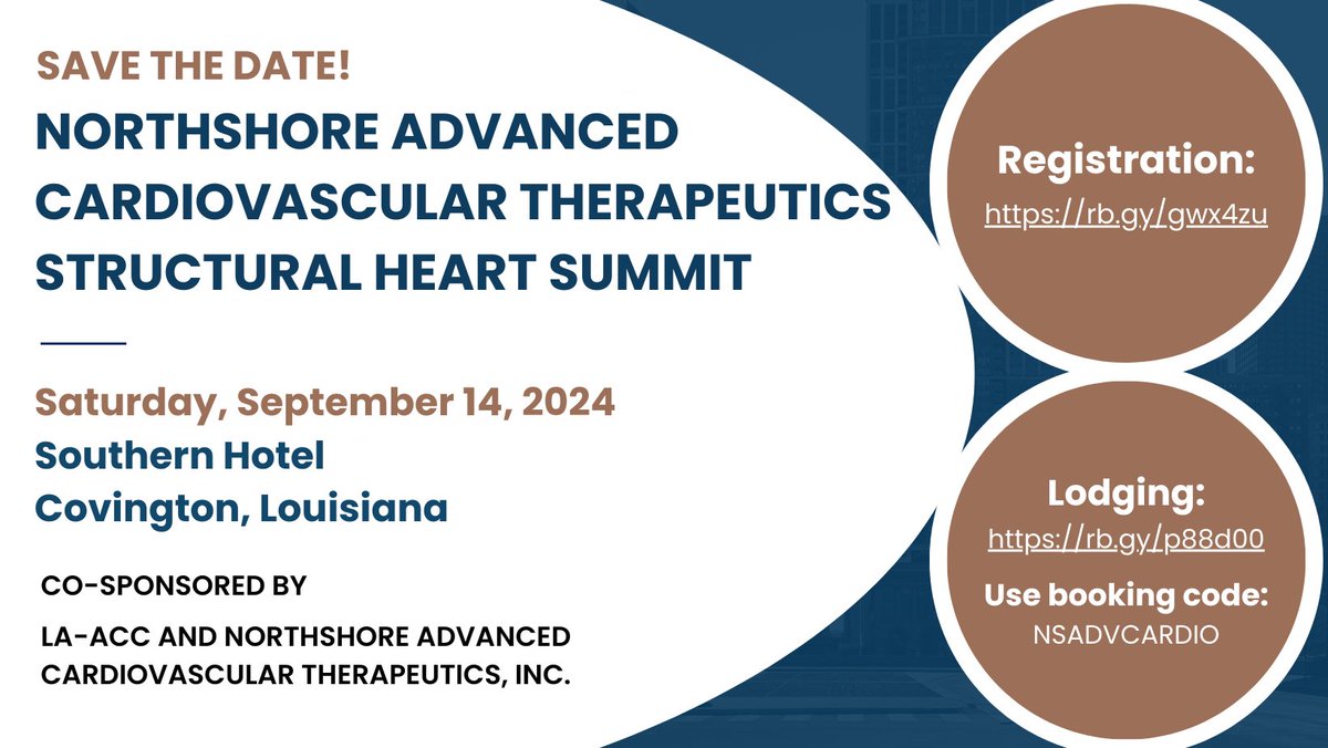 Join us for the 2024 Structural Heart Summit – September 14, 2024 at the Southern Hotel in Covington, Louisiana! Registration is open at rb.gy/gwx4zuLodging is available at rb.gy/p88d00 (Use code: NSADVCARDIO)