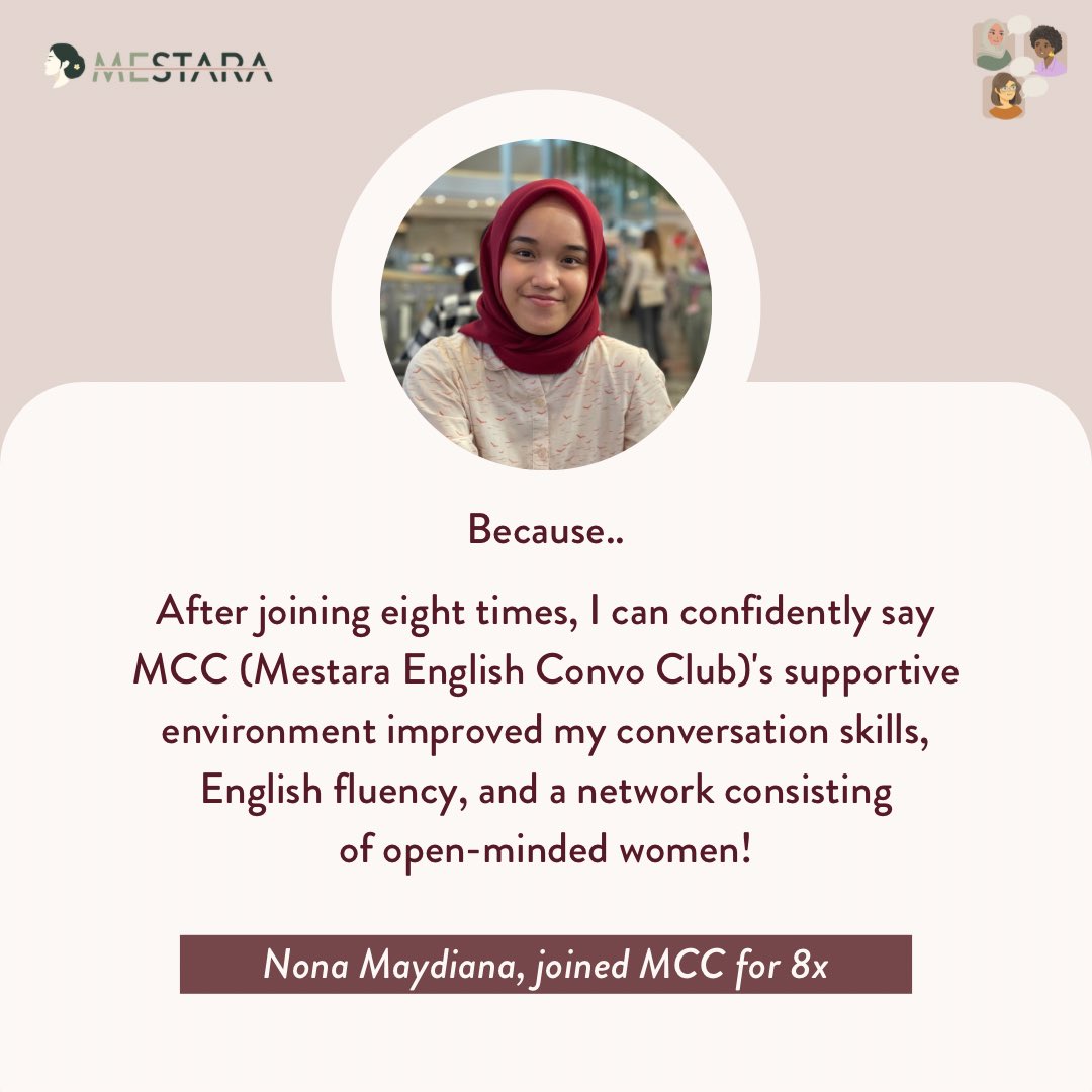 mestaracom's tweet photo. Selain bisa latihan speaking, kamu juga bisa dapet safe-space community dan networking dengan like-minded women out there 💪

And it’s only for 32k per 90 mins sessions (setara sekali makan di kafe). Worth it banget! https://t.co/YVn3CsXTVm