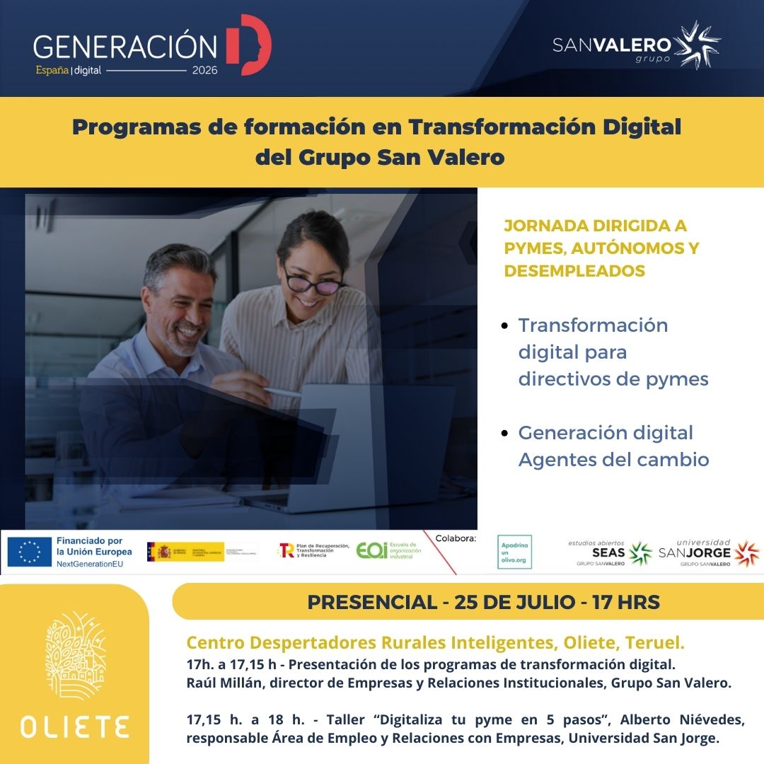 Queremos invitaros a la jornada informativa sobre Programas de formación en Transformación Digital que el Grupo San Valero ofrece de manera gratuita para las pequeñas empresas, autónomos y personas en búsqueda de empleo en la zona.