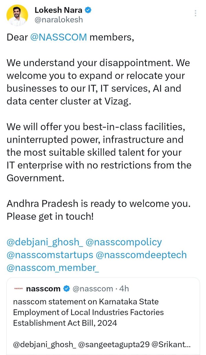 Expectedly Chandrababu Naidu wastes no time in pushing Andhra as an alternative to Karnataka. 
Sadly no such initiative from North Indian states. Perhaps busy in persuading teachers to come to school or building bridges that fall before completion.