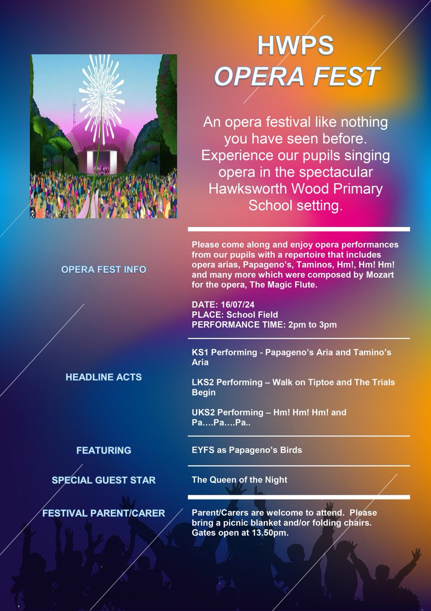 HWPSLeeds's tweet photo. OperaFest Update!

We had to postpone OperaFest yesterday due to the weather.

It’s been rearranged to Thursday at 9:30! Please enjoy the video of our rehearsals; we're definitely in the mood for it! https://t.co/XZBKFD2iLC