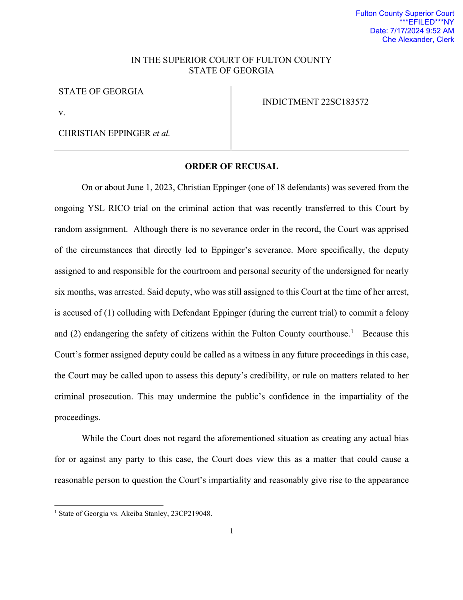 JozsefPapp_'s tweet photo. BREAKING: Judge Shukura Ingram has recused from the YSL/Young Thug case over the incident involving Christian Eppinger and a courthouse deputy.

Ingram said the deputy arrested was responsible and assigned to her courtroom for six months. @ajc https://t.co/8EBBsV3eYE