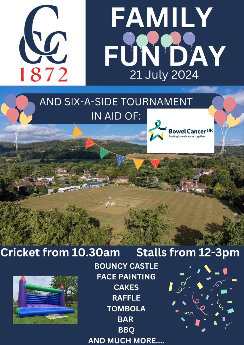 There will be something for everyone at Colwall CC’s Fun Day this Sunday - we hope to see many of you there 🌟🥳

#communityevent #familyfun #bowelcanceruk #crickettournament #villagelife
