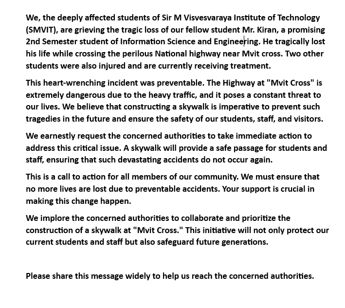 MvitStudent's tweet photo. #VoiceOfStudents #VoiceOfMvitians
📢 URGENT: Petition for the Construction of a Skywalk at SMVIT 🚸
👉 Sign our petition &amp; support us: https://t.co/mgoyI0201q
Accident Location:
https://t.co/Ew2v5U2ShO
Like, share, tweet
#StudentSafety #BuildTheSkywalk #PreventAccidents #SMVIT https://t.co/655C8R4A2Z