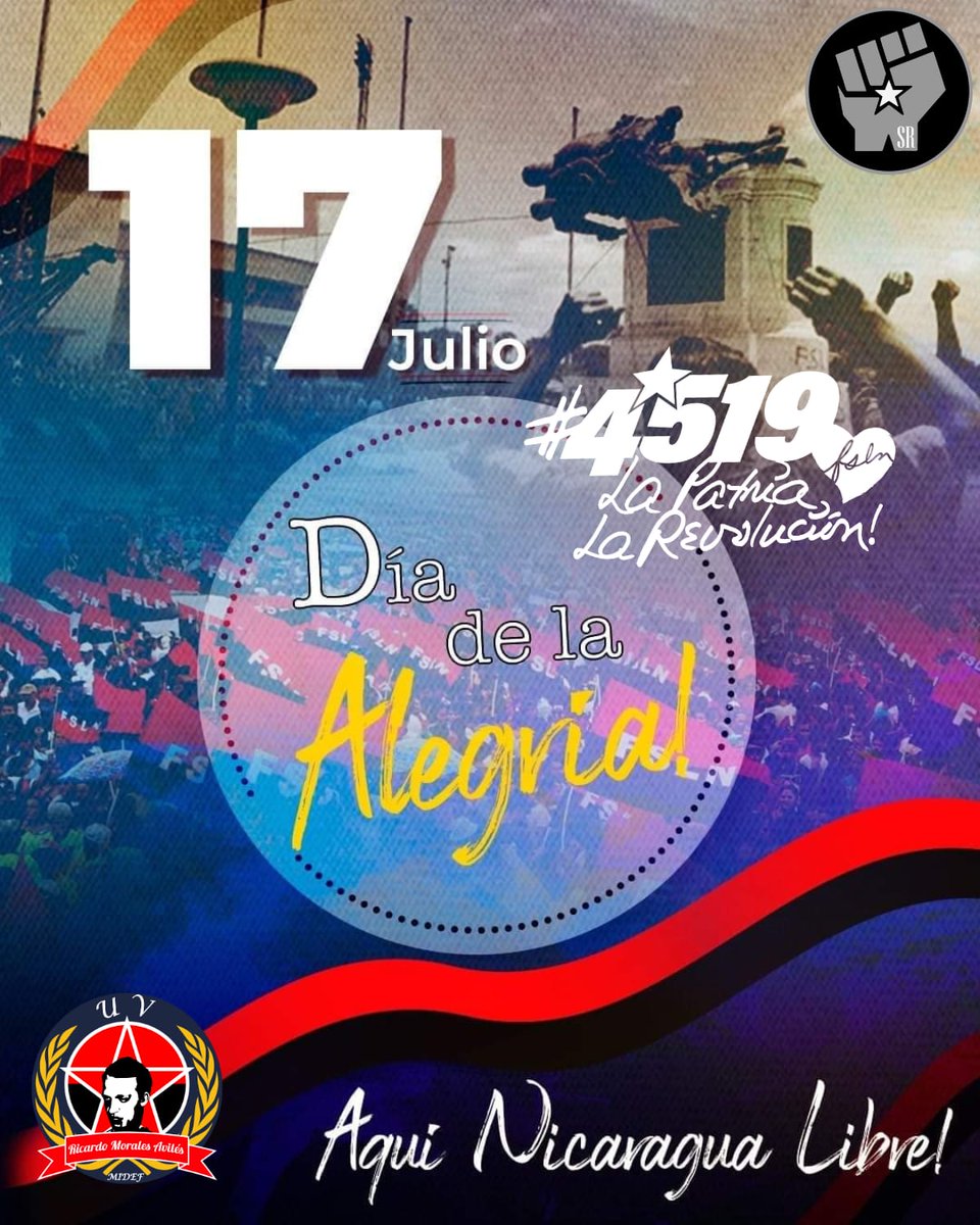 #Nicaragua hoy día de la alegria, somos libres, jamás volveremos a ser esclavos,  somos pueblo que vence.
#4519LaPatriaLaRevolución #TodosJuntosAl4519 #ManaguaSandinista