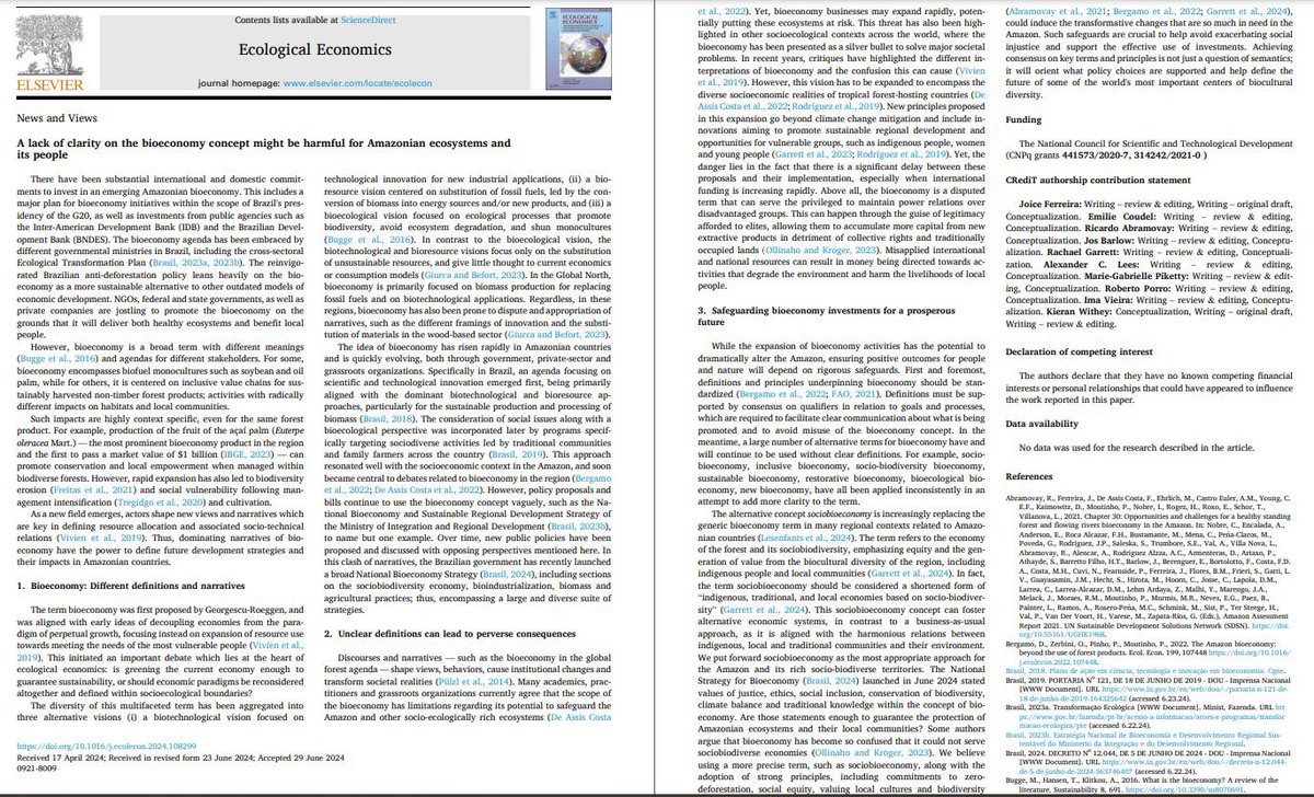 Neste comentário na Ecological Economics, discutimos os riscos da falta de clareza no conceito de Bioeconomia e a necessidade de salvaguardas e princípios 

doi.org/10.1016/j.ecol…