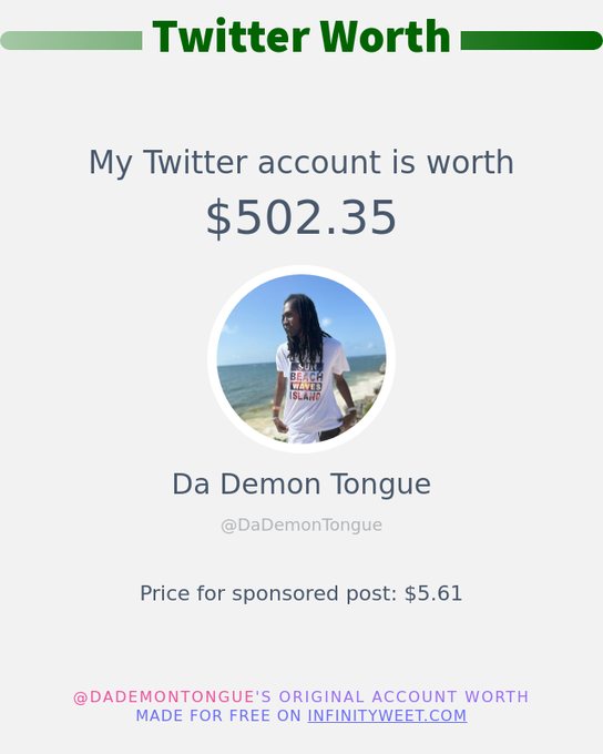 My Twitter worth is: $502.35  ➡️ https://t.co/Cr583gCQaj https://t.co/f2q2DhbnGj<a href="/tag/geminiseason"class="tags"><span>#geminiseason</span></a><a href="/tag/newprofilepic"class="tags"><span>#newprofilepic</span></a>