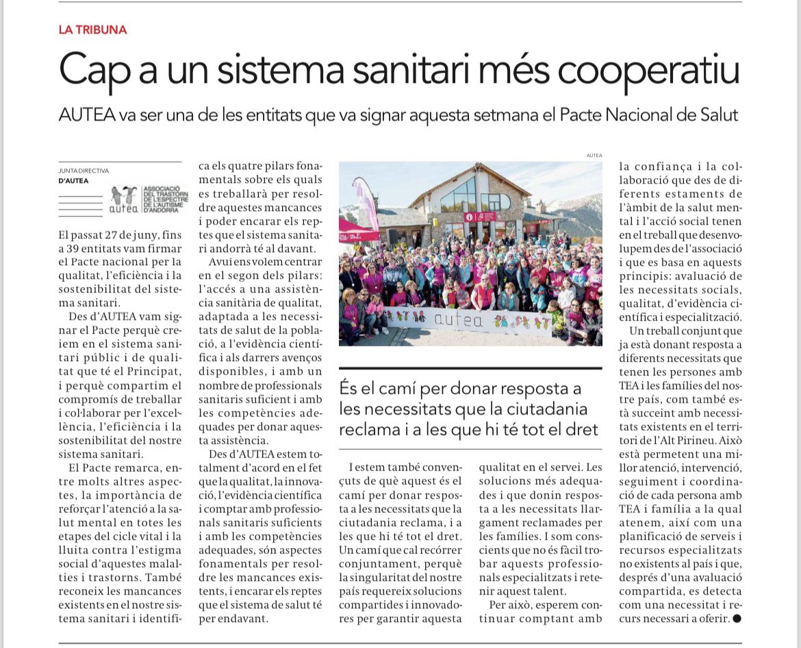 👉La singularitat del país ens obliga a tots a proposar solucions innovadores i col.laboratives per donar resposta a les necessitats de les persones amb TEA d’Andorra i a les seves famílies. #autisme <a href="/GovernAndorra/">Govern d'Andorra</a> <a href="/Autism/">National Autistic Society</a> <a href="/AutismEurope/">Autism-Europe</a>