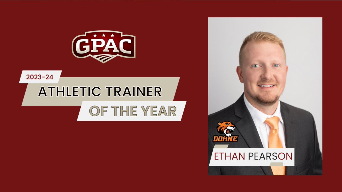GPACSports's tweet photo. Ethan Pearson from @DoaneAthletics Named GPAC Athletic Trainer of the Year.  He is the first recipient of this inaugural award in the GPAC.

Full Release -> https://t.co/QhQLh5Asvh https://t.co/yLCs4FpwuZ