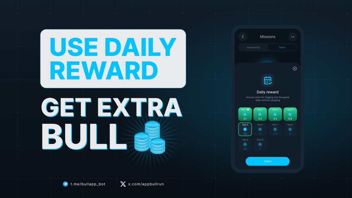 Daily tasks for everyone ✅ 

Get 0.1 to 5 BULL for logging into the app every day.

To receive a daily reward, go to the Missions > Tasks > Daily reward section.

If you log in to the app daily, you will receive +18.7 BULL in the form of daily rewards in 10 days, do not forget