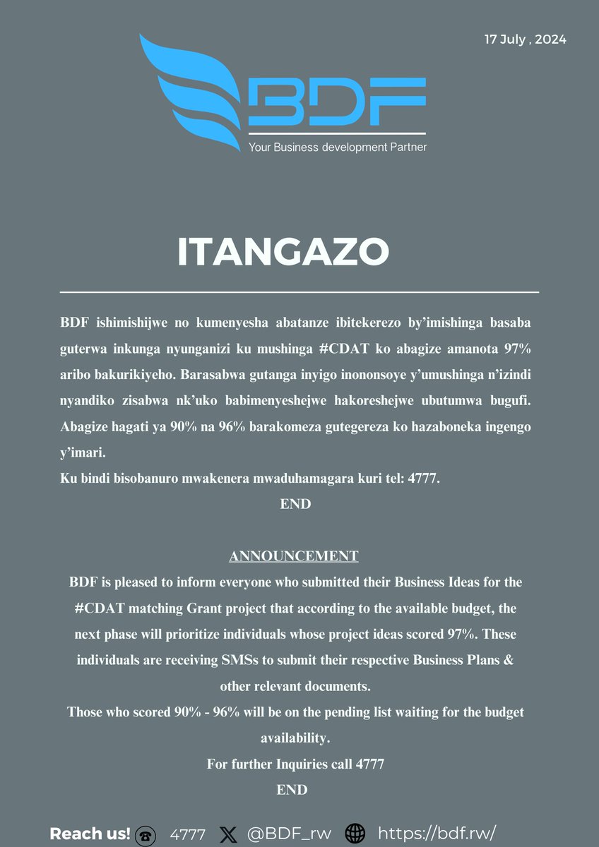 BDF_rw's tweet photo. 🚨ITANGAZO
#BDF #CDAT
#YourDevelopmentPartner https://t.co/fUidQv2S3t